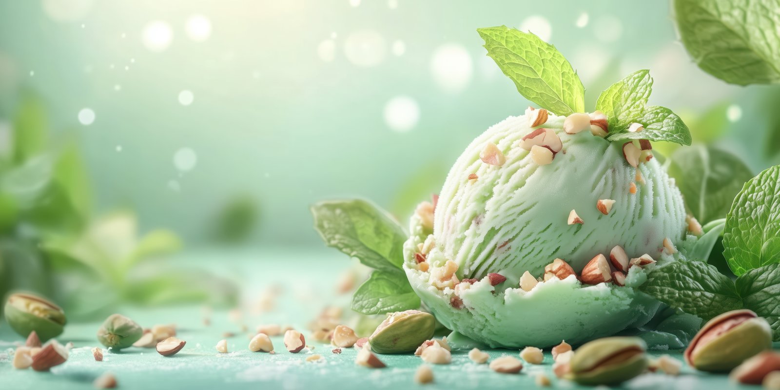 Mint flavored ice cream scoop garnished with nuts and mint leaves served on a light green background